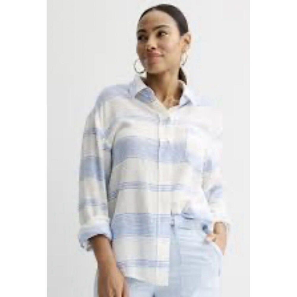 Sonoma Button Up Shirt Women’s 1X Plus Blue White Striped Long Sleeve LinenBlend